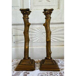 Vintage Pair MCM Bronze Candlestick Holders Cut Tree Branches